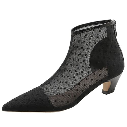 DINTAHA Womens Black Mesh Booties Low Heel Pointed Toe Low Kitten Heel Boots Polka Dot Kitten Heels