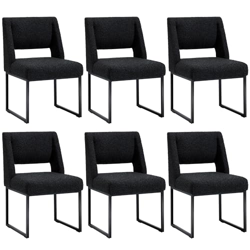 Image of Zesthouse Upholstered Dining Chairs Set of 6, Modern Dining Room Chairs with 4.1 inch Thickened Cushion & Metal Legs, Black Boucle Fabric Kitchen Chair with Padded High Back, Heavy Duty Kitchen Chair