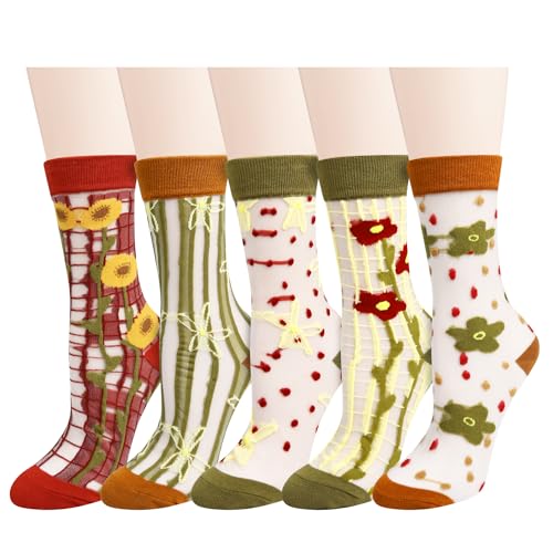 Benefeet Sox 5 Pairs Sheer Socks Thin Mesh Lace Socks for Women Transparent See Through Ankle Colorful Nylon Flower Jacquard Crystal Glass Floral Patterned Vintage Fashion Crew Sock