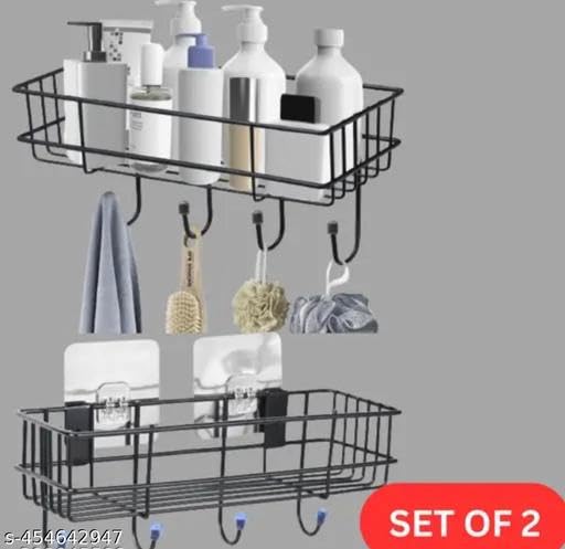 (Pack of 2) Steel Self-Adhesive Multipurpose Bathroom Shelf with Hooks/Towel Holder/Rack/Bathroom Accessories-Wall Mount - Pack of 2 (Black,Powder Coated) 3