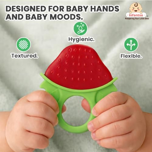 Image of Infantso Non-Toxic Food-Grade Soft Silicone Baby Teether, BPA-Free for Pain-Relief Easy Teething, Teether for 2+ Months Babies (Strawberry)