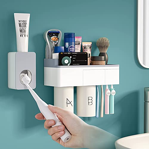 Multifunctional Toothbrush Holder, 1Easylife Wall Mounted Toothbrush Holder Set with Auto Toothpaste Dispenser, 4 Toothbrush Slots, 2 Cups, Phone Holder & Drawer Organizer for Bathroom & Washroom
