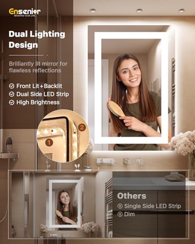 Ensenior LED Bathroom Mirror 30"x 36" with Front and Backlight, Stepless Dimmable Wall Mirrors with Anti-Fog, Shatter-Proof, Memory, 3 Colors, Modern LED Vanity Mirror-FCC