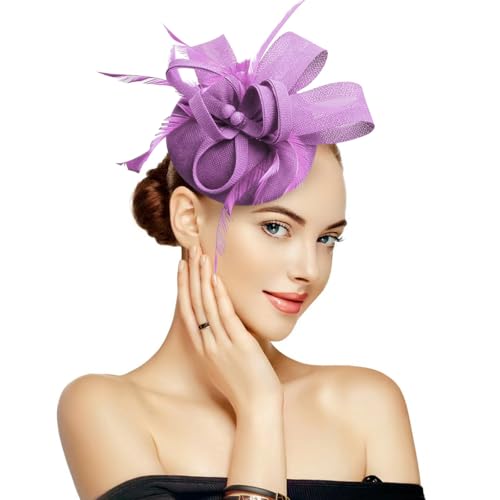 Handmade Women's Pillbox Derby Fascinators Hat, Vintage Tea Party Headpiece with Feather Hair Clip, Elegant Formal Fashion Headwear for Bridal, Wedding, Church, Cocktail, Evening Accessories. Purple