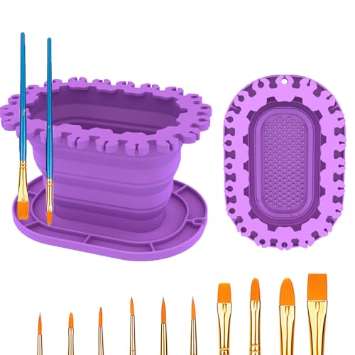 SUWARMN Paint Brush Cleaner Rinse Cup, Collapsable Brushes Holder + Paint Brush Cup for Acrylic, Watercolor, and Water-Based Mediums, for Fine Art, Studio, Classroom (Purple)