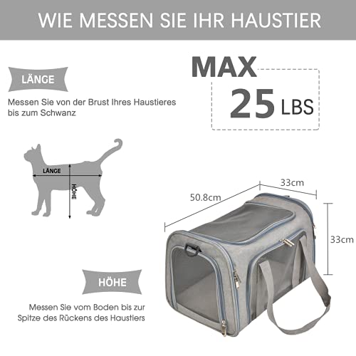 Qlfyuu Transporttasche für Katze Hund, Faltbare Tragbar Katzentransportbox Hundetransportbox für Mittel Kleine Haustiere Katzen Hunde, Katze Tragebox Tragetasche bis 25lbs(Grau, Groß)