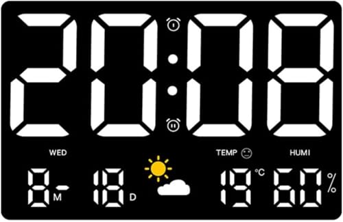 【Ptomoto】目覚まし時計 デジタル時計 LED 壁掛け時計兼置き時計 4 段階明るさ調整機能付き 温度・湿度・天気表示 大画面見やすい シンプルデザイン 寝室・オフィス・部屋用 O1