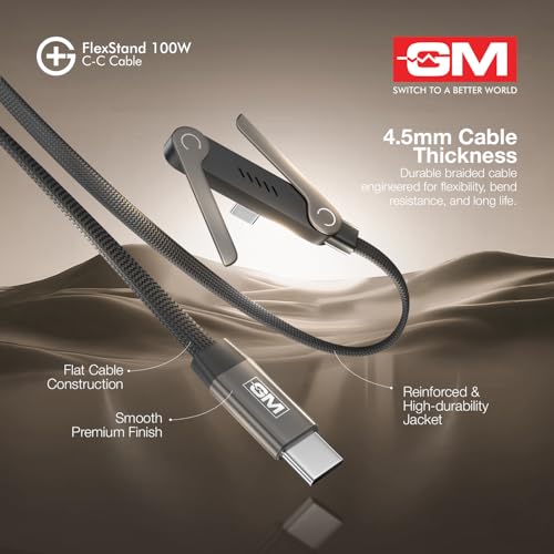 Image of GM G+ FlexStand 100W Type-C-C Cable | Built-in Stand for Portrait & Landscape Viewing | 4.5mm Flat design | 20,000 bend cycles tested Nylon Braided |Laptops,Tablets, Smartphones |1 Year Warranty