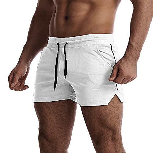 EVEDESIGN Men's Athletic Shorts Gym Bodybuilding Workout Short Casual Shorts 5 Inch Inseam Shorts Quick Dry Running Shorts, White, X-Large