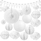 Yotako 18 Stück Partydeko Seidenpapier Pompoms Weiß, Laterne Pompons Wabenbälle Fächer Dekoration Set, Hochzeit Deko Papier für Geburtstag, Hochzeit, Festivalparty,Weihnachten