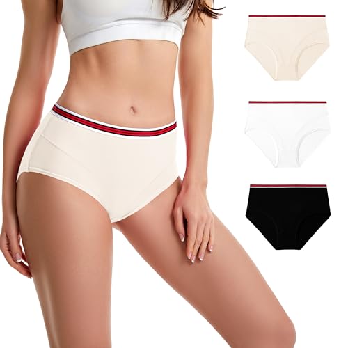 Trifolium High Waisted Brazilian Cotton Knickers Striped Waistband underpants 3 Pack (Black,White,Nude) UK 14-16 Factory Label L (032-L-T3)