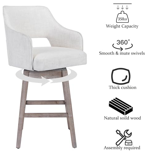 Janoray 27-in Counter Height Swivel Barstools Set of 2, Linen Fabric 5-Inch Upholstered Bar Chair with High Back and Solid Wood Bar Stools for Kitchen Island, Linen Beige