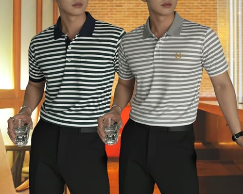 Image of MACK JONNEY Men's Cotton Polo T-Shirt | Regular Fit | Short Sleeve | Striped Casual Wear | Pack of 2 -MJ-1