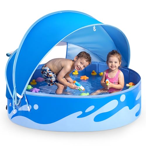 Peradix Paddling Pool for Kids and Dogs, 48' Portable Baby Pool with Canopy for Toddlers Summer, Foldable Kiddie Tent with Sun Shade Outside Water Toys for Backyard Beach, Easy Setup & Carrying Bag
