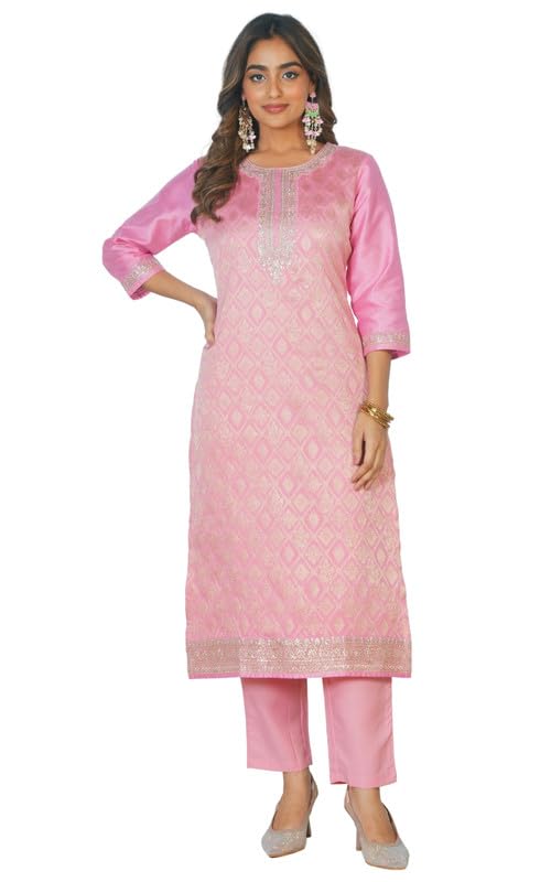 aramya Silk Jacquard Pink Print Kurta Set for Women | Available in Plus Sizes, M to 10XL-picture-25