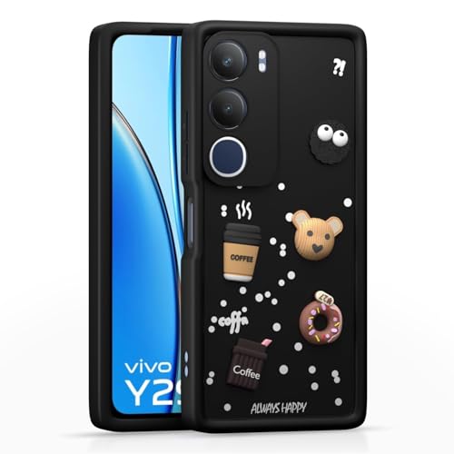 Image of Bintage CASE Cute Fun Taddy Cartoon 3D Ball Bear Milk Cake Coffee Silicon Case Full Body & Camera Protection Back Cover Compatible for Vivo Y19s 4G - Black