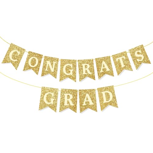 Congrats Grad Banner, Graduation Banner Graduation Decorations 2026, Pre-Strung Glitter Gold Congrats Grad Banners Garland for High School College Class of 2026 Graduations Party Favor Supplies