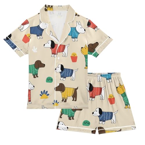 Satin Pajama Sets Short Sleeve Dogs Wearing Sweaters Pattern Print Button Down Silky Nightwear 2 Piece PJS 5-14Y