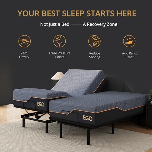 Image of EGOHOME Split King Adjustable Bed Frame and 14 inchCooling Memory Foam Mattress | Zero Gravity, 12 inch Removable Legs, Wireless Remote, Head and Foot Incline, Anti Snore, Zero Clerance Easy Assembly