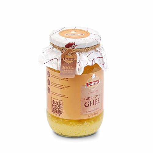 Image of Indicow Organic Dairy Foods Pure Authentic A2 Gir cow Ghee | Bilona Curd-Churned, Cruelty-Free, Ayurvedic| Grass Fed Cows (1000ml(1ltr), Gir) | Glass Packaging