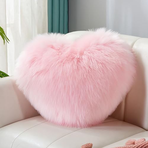 Stone mice Fluffy heart-shaped pillow, sofa bed decoration, pillow decoration, room pillow (Pink, 11.81inch X 15.74inch)