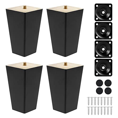Knpwer 4 Stück 10 cm Möbelfüße Holz Möbelbeine, Massivholz Beine Aus Eiche für Stühle Schrank Sofa Bett Couch, mit Montageplatten, Schrauben und Filzgleiter