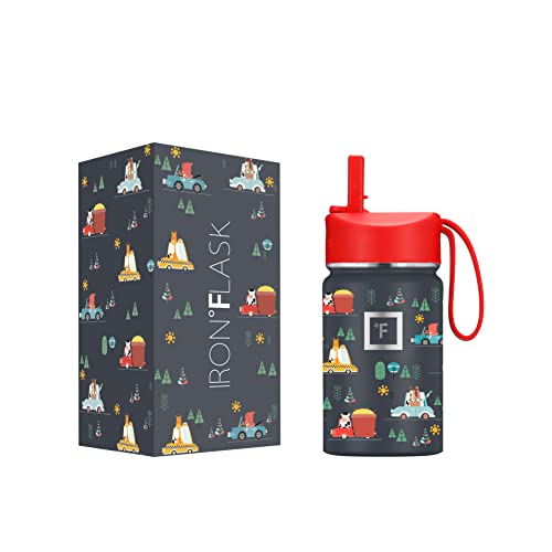 Image of IRON °FLASK Kids Water Bottle - Straw Lid, 20 Name Stickers, Vacuum Insulated Stainless Steel, Double Walled Tumbler Travel Cup, Thermos Mug - Roadtrip, 10 Oz