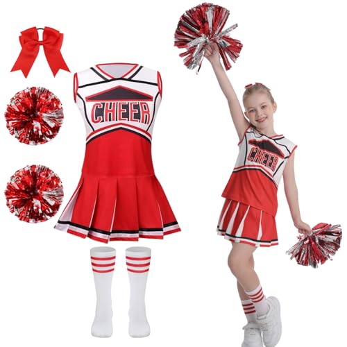 DELIVESS Cheerleader Costum for Girls Cheerleading Outfit Kids School Cheer Uniform 5 Pcs Set for Halloween Party Dress up 6-7 Years (130 Red)