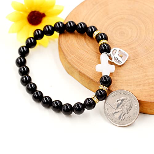 Image of Uloveido Black Agate Side Cross Bracelet Mustard Seed Charms, Personalized Letter A-Z Tiger's Eye Bangle Y944