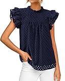 BTFBM Casual Summer Tops for Women 2025 Short Ruffle Sleeves Shirts Crew Neck Hollow Out Lace Embroidered Blouses(Navy,Medium)