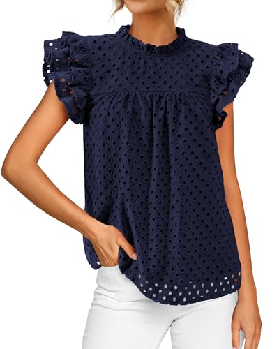BTFBM Casual Summer Tops for Women 2025 Short Ruffle Sleeves Shirts Crew Neck Hollow Out Lace Embroidered Blouses