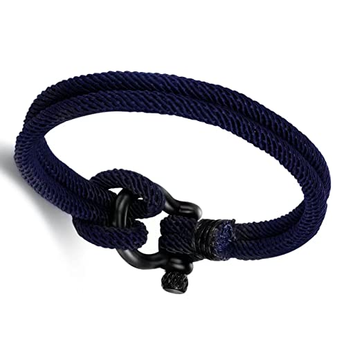 Biyongde Dark Blue Nautical Sailor Rope Wrap Bracelet Wristband Bangle Steel Screw Marine Anchor Shackles, Two-Row #TOP2
