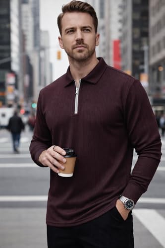 Image of Mack Jonney Men's Premium Ribbed Half-Zip Polo T-Shirt | Long Sleeve Soft Stretch Fabric | Stylish Casual & Smart Wear Top-M6783