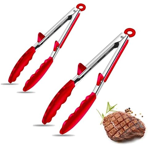 Silicone Tongs for Air Fryer, 2 Pack, Red Color, Premium Silicone BPA Free Non-Stick Stainless Steel Locking Food Tongs, 9-Inch and 12-Inch Cover