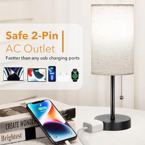 Kukobo Table Lamps Set of 2, Bedside Lamp for Bedroom Living Room, Small Table lamp for Nightstand, 5000K Pull Chain Desk Lamp with AC Outlet 2PK Black(2 Blubs Included).