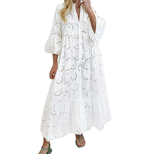 Generisch Robe à col en V et manches évasées en dentelle ajourée en coton - Robe longue sexy pour femme - Robe d'été à manches longues festive, Blanc.,...