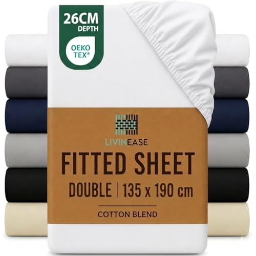 LivinEase Double Fitted Sheet -10inch(26cm) Deep Cotton Blend Fitted Sheet double bed -Bobble Free Easy Care Soft and Comfortable White Bed Sheets Double (White Double)