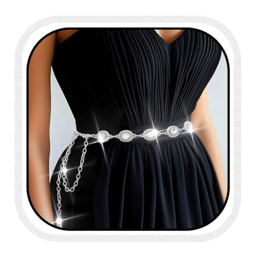 COSYDAYS Silver Rhinestone Chain Belts Sparkly Crystal Dress Belt Fashion Waist Body Accessories for Women
