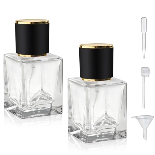 Yerpkefey 2 Pack 30ml/1 Oz Glass Spray Bottle Perfume Atomizer,Empty Travel Refillable Perfume Spray Bottle with 3 Kinds of Dispenser (Black Cap, 30ml)