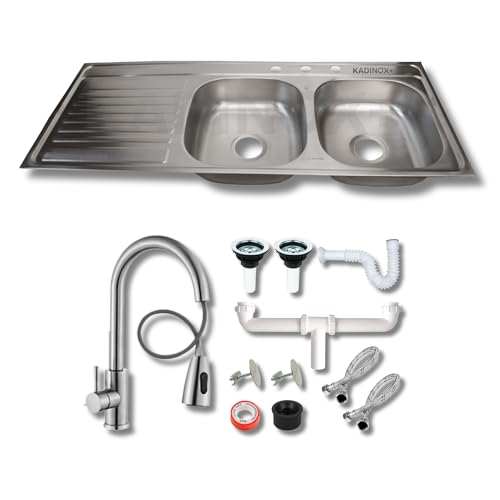 Fregadero Tarja Doble Tina Para Empotrar Para Cocina Acero Inoxidable 120x50 Con Kit De Instalacion y Mezcladora Premium Doble Chorro Flexible...