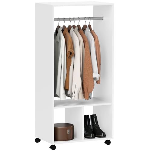 HOMCOM Armario Ropero con Ruedas Armario para Ropa con Barra Estantes Abiertos Organizador para Colgar Ropa de Dormitorio 60x40x128 cm Blanco
