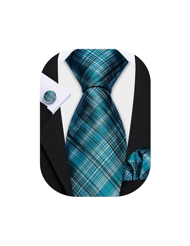 Image of Barry.Wang Mens Tie Set Plaid Check Neckties Formal Business Wedding Luxury Pocket Square Cufflinks
