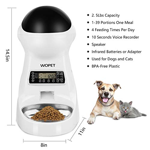 WOPET Automatic Cat Feeder, Dog Auto Food Dispenser with Stainless Steel Food Bowl,1-4 Meals per Day Voice Recorder and Portion Control for Small & Medium Pets (3L)