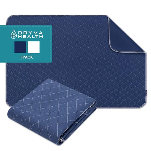 DRYVA HEALTH Almohadillas lavables de 34 x 52 pulgadas (paquete de 1), color azul marino, ocultan manchas, almohadillas de cama impermeables y reutilizables para incontinencia, entrenamiento para
