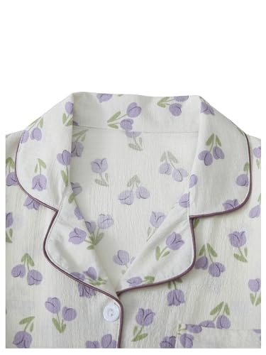 Image of Verdusa Pajamas For Women Set 2 Piece Summer Pajama Sets Cute Pjs Lounge Matching Button Shirt with Shorts Bow Purple Beige Large