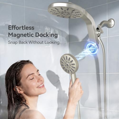 Image of INAVAMZ High Pressure Rain Shower Head Combo with Magnetic Handheld Nickel | Dual Shower System with Rainfall Showerhead and 8-Spray Handheld, Magnetic Dock, Adjustable Angle, Power Jet for Cleaning