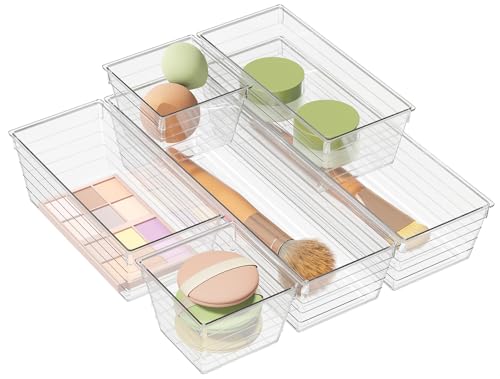 6 Pack Clear Drawer Organizer, Acrylic Drawer Storage Trays, Storage Bins for Makeup, Cosmetics, Jewelries, Utensils, Gadgets, Office