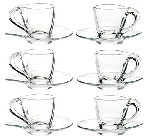 Barski Glass Espresso Cup - Mug - With Saucer - 3.4 oz. - 6 Sets (Each set has a saucer and a cup) - for Cappuccino, Coffee, Latte, Tea - Made in Europe