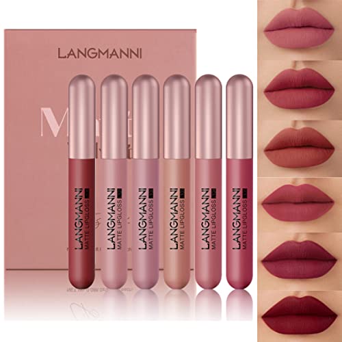 6 Colors Velvet Matte Lip Gloss Set, Liquid Lipstick Set, Trendy Red Lip Gloss Set, Waterproof Long Lasting Non-Stick Cup Not Fade, Professional Lip Makeup Gift Kit for Women