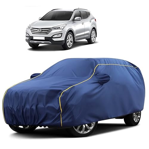 Image of Sulfar 100% Water Resistant Car Body Cover Compatible with Mirror for Hyundai Santafe (Triple Stitched, Full Bottom Elastic, Blue Taffeta with Yellow Piping)